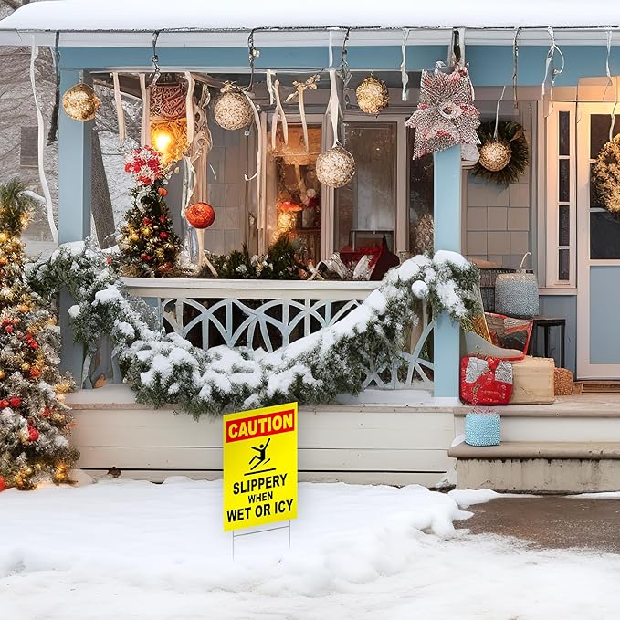 Caution Slippery When Wet or Icy Sign, 8x12 DS Coroplast Warning Caution Wet Floor Sign with H-Type Stake