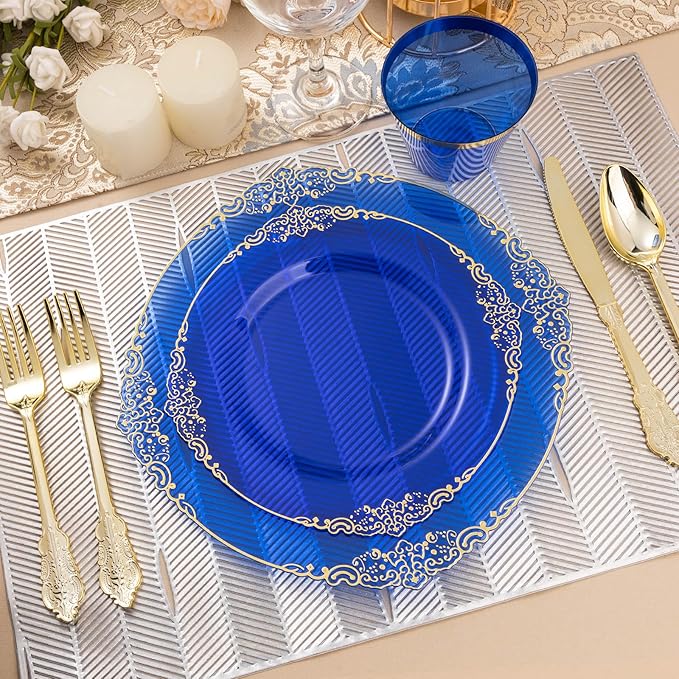 700PCS Clear Blue Plastic Plates for 100 Guests, Disposable Plates with Gold Trim include 100 Dinner plates, 100 Dessert Plates, 100 Gold Silverware, Cups and Napkins for Party, Graduation