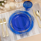 700PCS Clear Blue Plastic Plates for 100 Guests, Disposable Plates with Gold Trim include 100 Dinner plates, 100 Dessert Plates, 100 Gold Silverware, Cups and Napkins for Party, Graduation