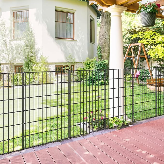 Metal Garden Fence 40in (H) x 11.7ft (L), 5 Panels + 6 Stakes Dog Fence Border Fence Animal Barrier, No Dig Garden Fencing for Yard Flower Bed Lawn Patio Outdoor, PIN402805 Black
