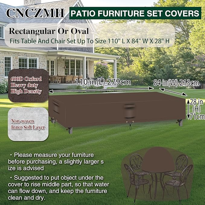 Heavy Duty Patio Furniture Covers Waterproof, 600D Outdoor Furniture Cover Waterproof for Sectional Sofa Couch, Outdoor Dining Table and Chair Set Covers 110''L x 84''W x 28''H, Brown