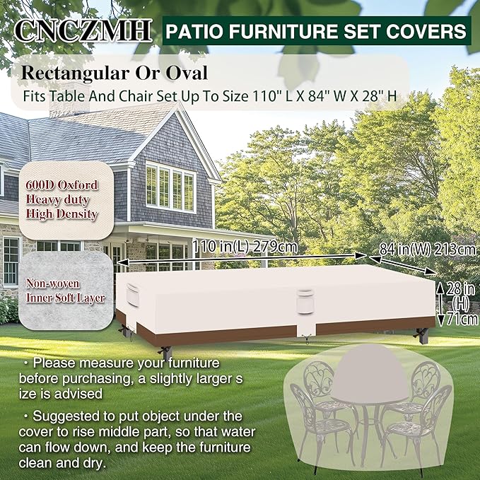 Heavy Duty Patio Furniture Covers Waterproof, 600D Outdoor Furniture Cover Waterproof for Sectional Sofa Couch, Outdoor Dining Table and Chair Set Covers 110''L x 84''W x 28''H, Beige Brown