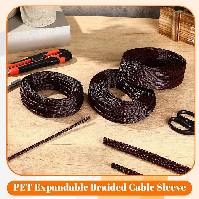 Pangda150 Feet 1/4, 1/2, 3/8 Inches Wire Loom Pet Expandable Braided Sleeving Braided Sleeve for Tv, Computer, Home Theater (Black-red)