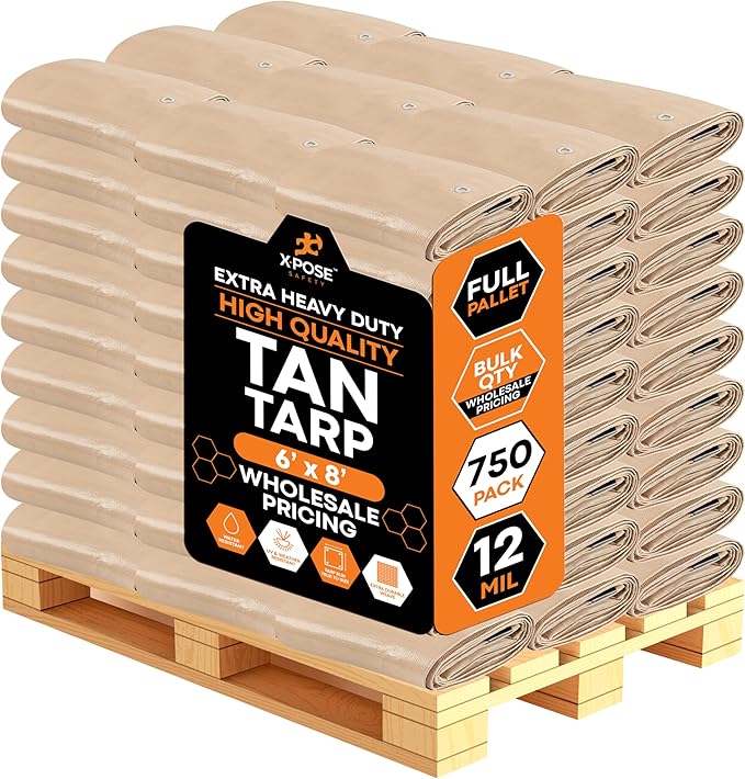 Heavy Duty Tan Poly Tarp 6' X 8' - Bulk Full Pallet (750 Pack) - Multipurpose Protective Cover - Durable, Weather Proof & Tear Resistant - 12 Mil Thick Polyethylene - by Xpose Safety