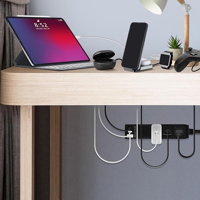 LIDER Outlet Extender with 3 Receptacles, USB Type-A and 2 USB Type-C Port, Ultra-Thin Flat-Plug with Cord Extender, 3-Outlet Power Strip, Slim Angled Design, UL-Listed, 5ft Cord, Black