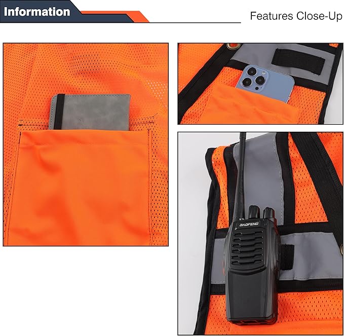 Class 2 High Visibility Reflective Safety Vests Women & Men With 15 Pockets And Zipper Front,Meets Ansi/Isea Standards