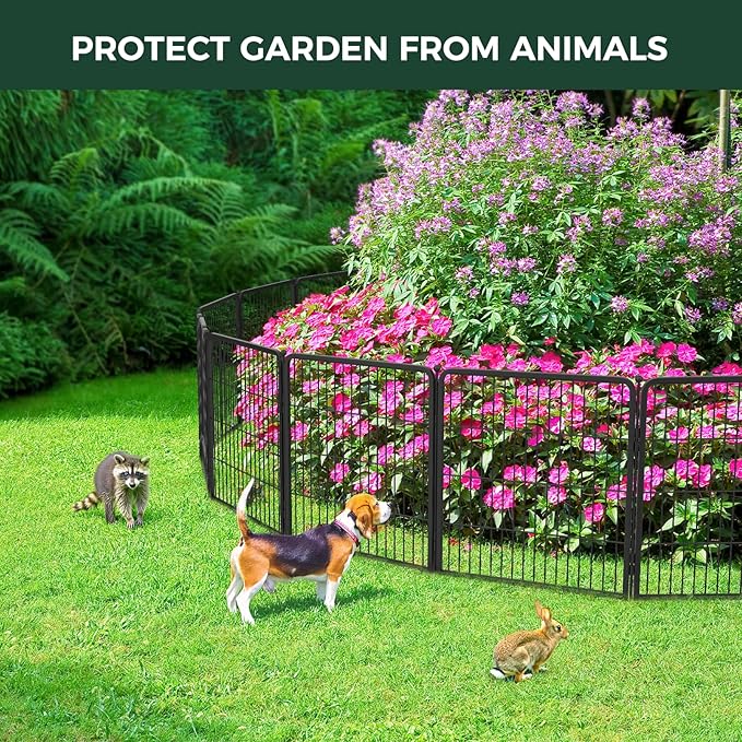 FXW Garden Fence Outdoor for The Yard – 24in(H) x 15.2ft(L) Heavy Duty Metal Animal Barrier for Dog and Rabbit, Decorative Dog Fence, 8 Panels, Black