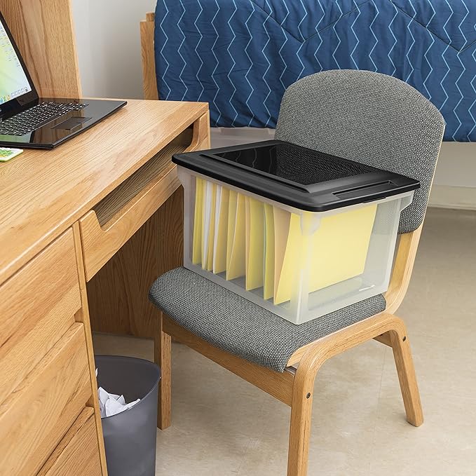 Sterilite File Box, Stackable Storage Bin with Lid, Plastic Container to Organize Taxes, Papers in the Home, Office, Clear Base with Black Lid, 4-Pack