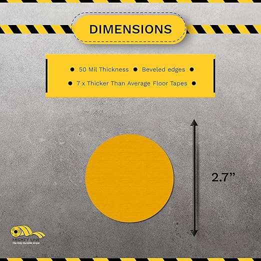 Mighty Line 2.7" Solid Dot Shaped Floor Marking Tape for Safety, Caution, Warning, Heavy-Duty, Peel and Stick, Adhesive Circle Spots, Industrial Quality, Yellow, Pack of 100
