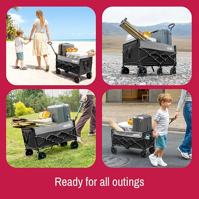 SYNCFUN Collapsible Wagon Cart with Wheels 300lbs Black, Portable Sports Utility Rolling Wagon for Beach, Garden, Camping & Grocery, Fishing