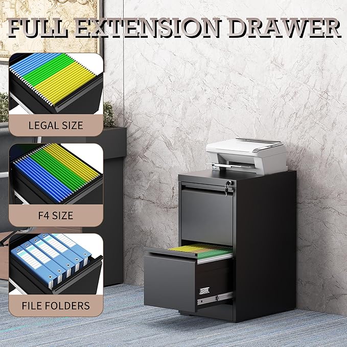 File Cabinet, 2 Drawer File Cabinet with Lock, Steel Vertical Filing Cabinets for Home Office, Heavy Duty File Storage Cabinet for Legal/Letter/A4 Documents, Easy to Assemble, Black