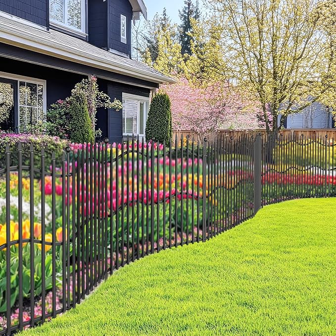 8 Panels No Dig Decorative Garden Fence with Gate - 40in H x 18ft L, Tall Heavy-Duty Square Tube Animal Barrier, Rustproof Dog Fence for Outdoor Yard & Patio Protection