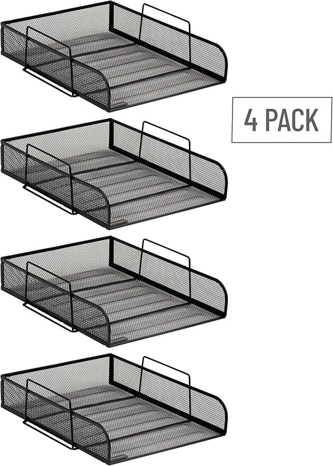 Mind Reader Stackable Paper Tray, Desktop Organizer, File Storage, Office, Metal Mesh, 10.5" L x 13.5" W x 11.25" H, 4 Pcs., Black