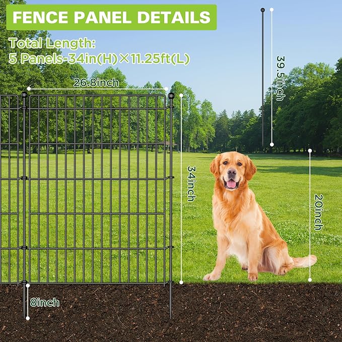 5 Panels No Dig Garden Fence with Gate, 34in(H) × 11.25ft(L) Decorative Metal Outdoor Dog Fence, Rustproof Pet Fencing for Yard, Patio, Flower Bed -Temporary Fencing| Easy to Install