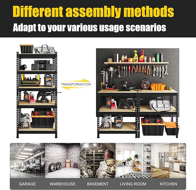 PrimeZone Storage Shelves 5 Tier Adjustable Garage Storage Shelving, Heavy Duty Metal Storage Utility Rack Shelf Unit for Warehouse Pantry Closet Kitchen, 28" x 12" x 59", Black, 6 Packs