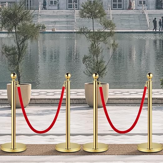 VEVOR Stanchions and Velvet Ropes 4Pcs, Solid Base with Stainless Steel Post, 5ft Red Velvet Ropes and Posts, Crowd Control Barriers Gold Stanchions, Red Carpet Runner Poles for Party Supplies