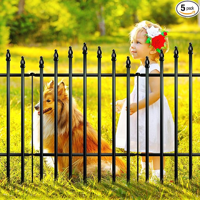 Metal Garden Fence 32" H x 24" W (5 Panels, 10 Ft Total) Rustproof Animal Barrier No Dig Decorative Fencing for Dogs,Pet, Yard,& Patio, Easy Installation