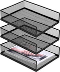 3 Pcs Black Metal Letter Tray, 3-Tier Stackable Paper Tray, Metal Mesh Desktop Organizer, Single Wire Mesh Organizer Front Load File Paper Holder, File Document Storage Rack for Office, School, Home