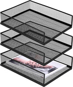 3 Pcs Black Metal Letter Tray, 3-Tier Stackable Paper Tray, Metal Mesh Desktop Organizer, Single Wire Mesh Organizer Front Load File Paper Holder, File Document Storage Rack for Office, School, Home