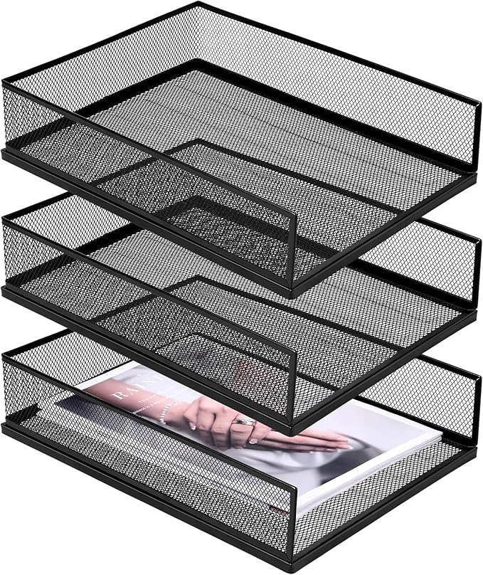 3 Pcs Black Metal Letter Tray, 3-Tier Stackable Paper Tray, Metal Mesh Desktop Organizer, Single Wire Mesh Organizer Front Load File Paper Holder, File Document Storage Rack for Office, School, Home