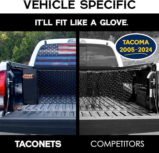 Envelope Cargo Net for Toyota Tacoma - Fits 2005-2025 - Patented Bed Rail Integration - Upgraded 5mm Bungee - Integrated Storage Bag - Heavy Duty Carabiners - Designed in USA