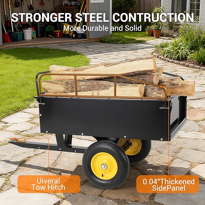 GAOMON 500LB Heavy Duty Tow Behind ATV Trailer Steel Dump Cart - 10-Cubic Feet Capacity - Garden Utility Trailer - Trailers with Removable Tailgate for Riding Lawn Mower Tractor