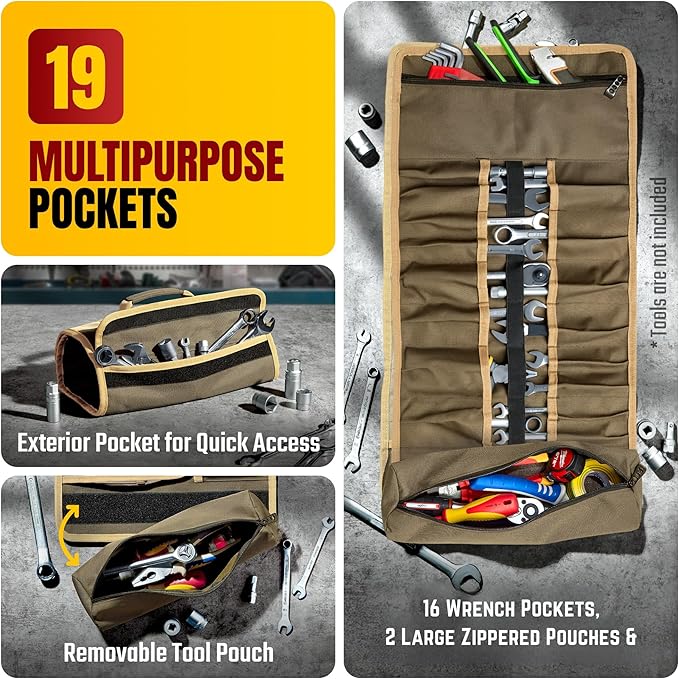 The Ryker Bag Simple Tool Roll Heavy-Duty Canvas Tool Organizer, Tool Roll Organizer Gifts for Dad Roll-Up Tool Bag w/Multiple Pockets for Wrenches, Sockets & Hand Tools for Mechanics & Electricians