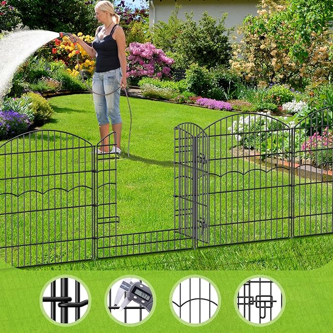 Decorative Garden Fence 12 Panels 26.8ft(L)×32in(H) Garden Fences Animal Barrier Fencing with 11 Panels + 1 Gate, No Dig Metal Rustproof Wire Border Temporary Dog Fence Outdoor for Patio Yard Lawn