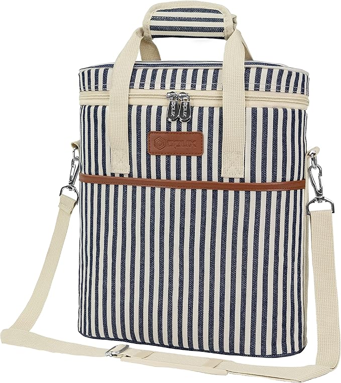 Opux 3-Bottle Wine Carrier Tote, Insulated Leakproof Cooler Bag, Portable Wine Bottle Tote for Picnic, BYOB, Beach - Stripe