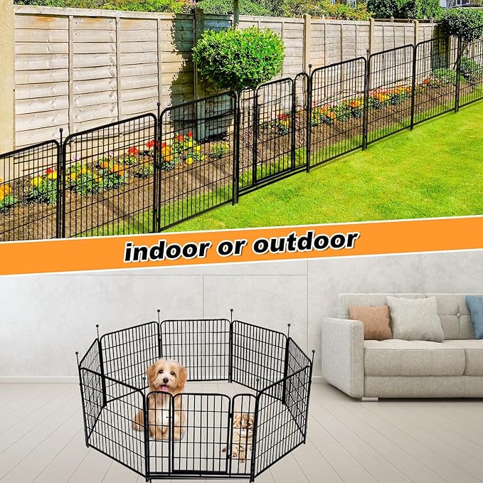 Garden Fence with Gate 36 in(H)×27 in(L) 14 Panels Total 31 Ft(L), Garden Fences and Borders for Dogs, Animal Barrier Fence, Black Metal Decorative Garden Fencing