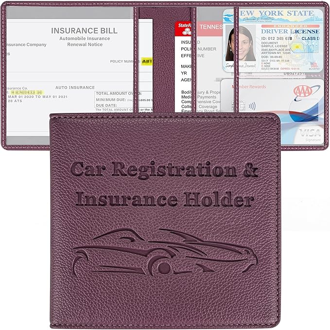 Car Registration and Insurance Holder, Premium PU Leather Vehicle Glove Box Car Organizer Men Women Wallet Accessories Case for ID, Driver's License - Purple