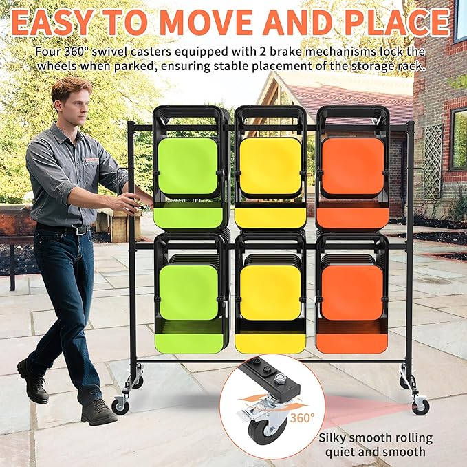 Folding Chair Rack for Storage,Folding Chair Cart 84 Chairs on Wheels Table Storage Cart 600 LBS Capacity Heavy Duty Steel Mobile Dolly Storage Rack with Dust Cover & Elastic Cords