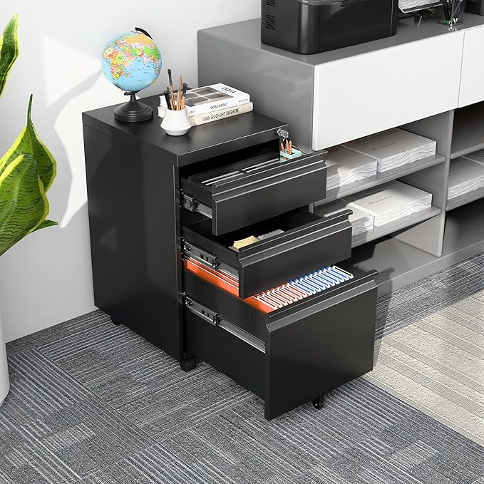 SUXXAN 3 Drawer Under Desk Mobile File Cabinet with Lock, Metal Storage Cabinet for Office & Home, Legal/Letter Size, Fully Assembled Except Wheels, Black