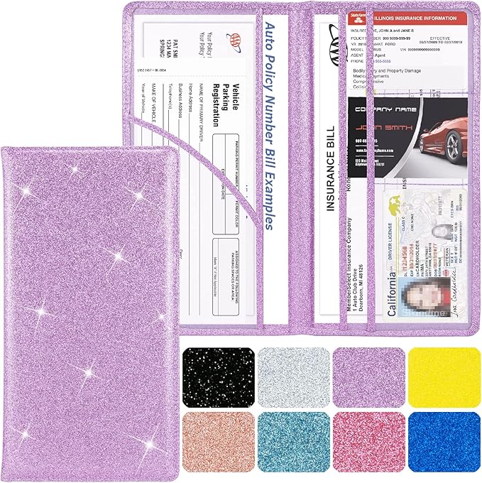 Car Registration and Insurance Holder, Leather Magnetic Shut Vehicle Glove Box Organizer for Document, Card, Driver License, Glitter Purple