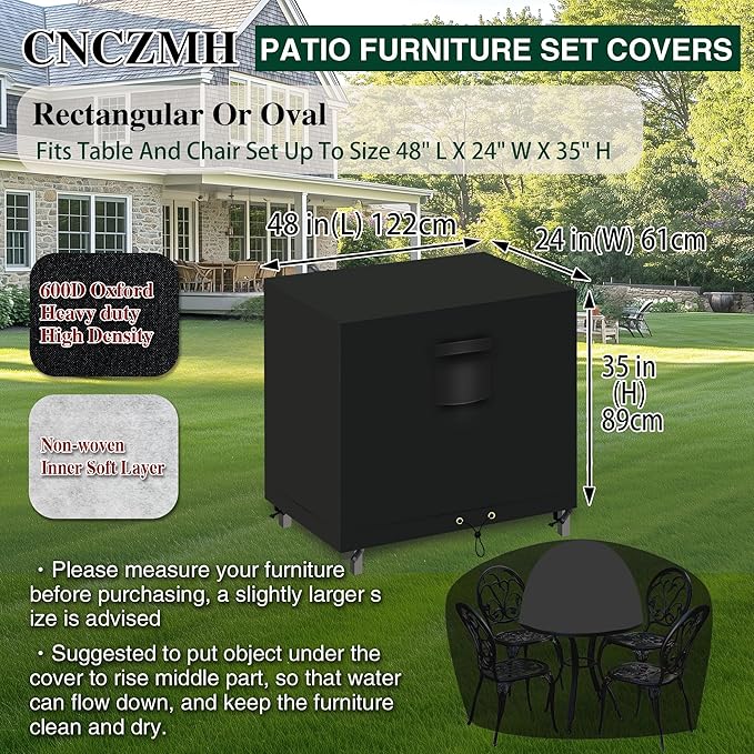 Heavy Duty Patio Furniture Covers Waterproof, 600D Outdoor Furniture Cover Waterproof for Sectional Sofa Couch, Outdoor Dining Table and Chair Set Covers 48''L x 24''W x 35''H, Black
