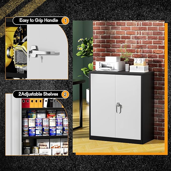 Greenvelly Metal Storage Cabinet,36" Lockable Storage Cabinet with Doors and Adjustable Shelves, Steel File Cabinet with Lock for Garage,Home,School,Pantry(Black Grey)