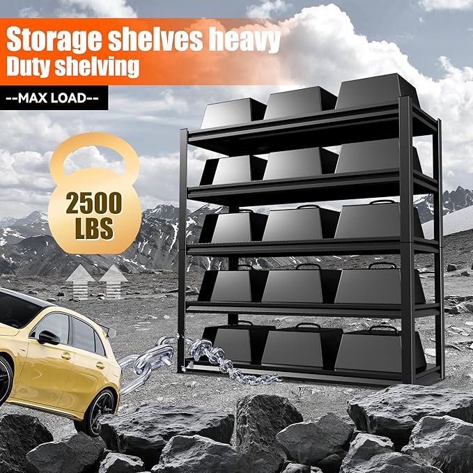 59" W Storage Shelves 2500LBS Garage Shelving Heavy Duty 5 Tier Adjustable Shelving Unit Metal Storage Rack for Basement, Pantry, Kitchen, Warehouse 19.7" D x 59" W x 72" H