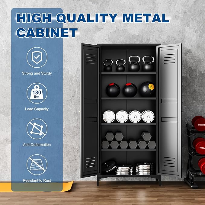Metal Storage Cabinet-61” Tall Steel File Cabinets with Doors and 4 Adjustable Shelves-Black Steel Storage Cabinet for Home,Kitchen, School, Office, Garage