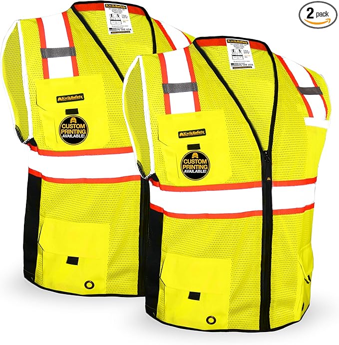 KwikSafety - Charlotte, NC - BIG KAHUNA Safety Vest [2 Pack] Class 2 ANSI OSHA Reflective Vest Durable High Visibility Vest Construction Safety Vest for Men Industrial Work Gear/Yellow Large