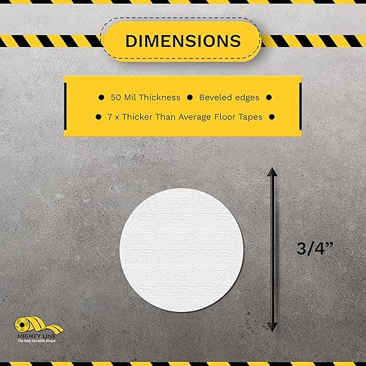 Mighty Line 3/4" Solid Dot Shaped Floor Marking Tape for Safety, Caution, Warning, Heavy-Duty, Peel and Stick, Adhesive Circle Spots, Industrial Quality, White, Pack of 200