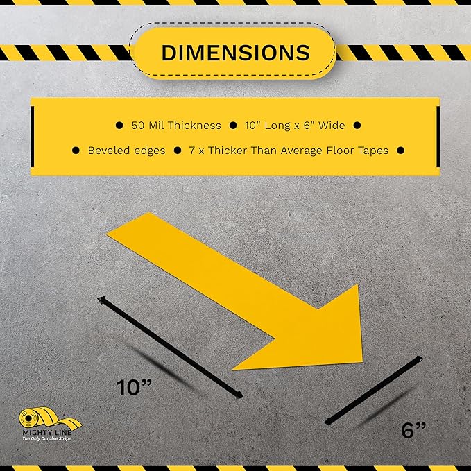 Mighty Line Solid Arrows Directional Sticker Sign Floor Marking Tape for Safety, Caution, Warning, Heavy-Duty, Peel and Stick, Adhesive, Industrial Quality, Yellow, 10" by 6", Pack of 50