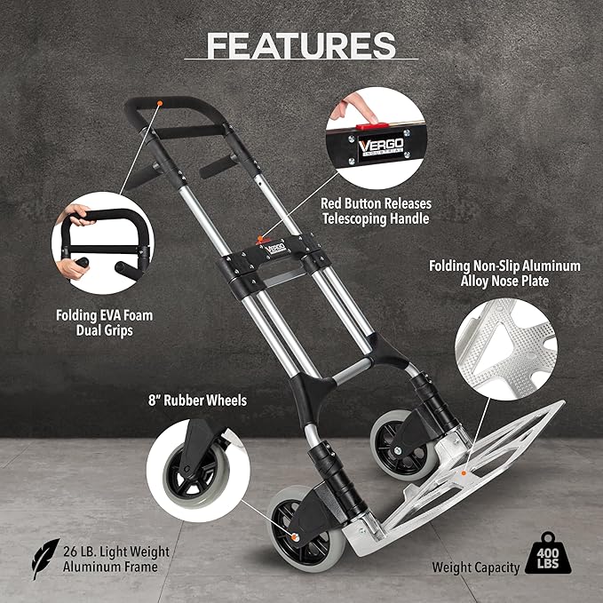 Vergo 400 lbs Capacity Folding Hand Truck Dolly – Lightweight Aluminum Frame Dolly Cart with 50" Telescoping Handle, Compact Hand Cart with 8” Rubber Wheels for Office, Warehouse, Trucks (S300L)