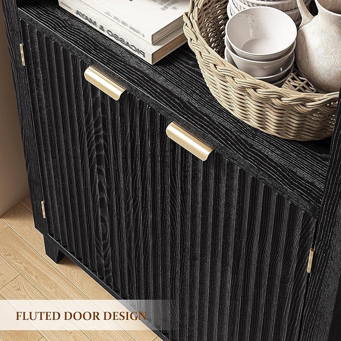 79.9" Tall Arched Pantry Cabinet, 6-Tier Kitchen Pantry Cabinet with Fluted Doors, Arch Storage Cabinet with Open & Adjustable Shelves, Versatile Cupboard for Dining Room, Living Room,Black