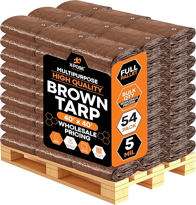 Multipurpose Protective Cover Brown Poly Tarp 40' x 40' - Bulk Full Pallet (54 Pack) Durable, Water Resistant, Weather Resistant - 5 Mil Thick Polyethylene - by Xpose Safety