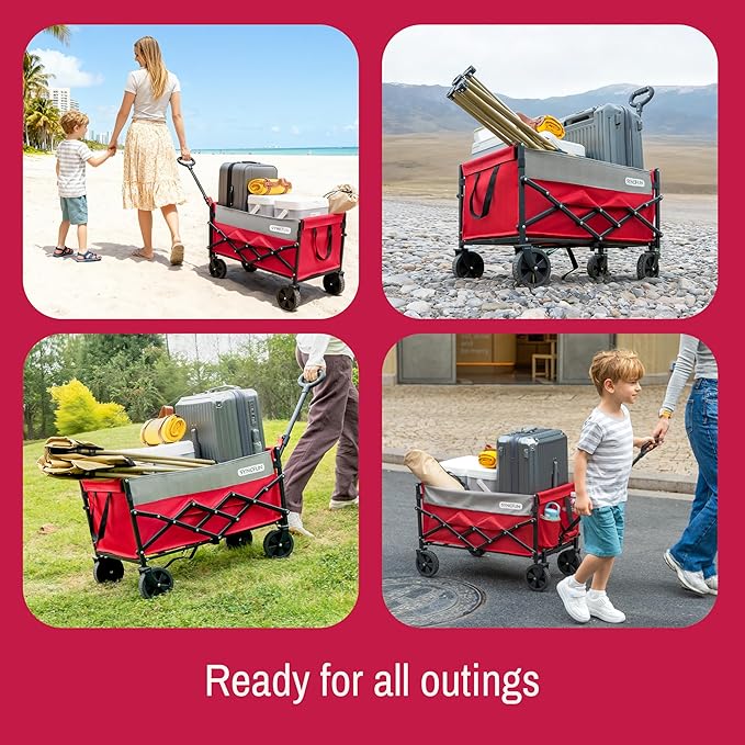 SYNCFUN Collapsible Wagon Cart with Wheels 300lbs Red, Portable Sports Utility Rolling Wagon for Beach, Garden, Camping & Grocery, Fishing