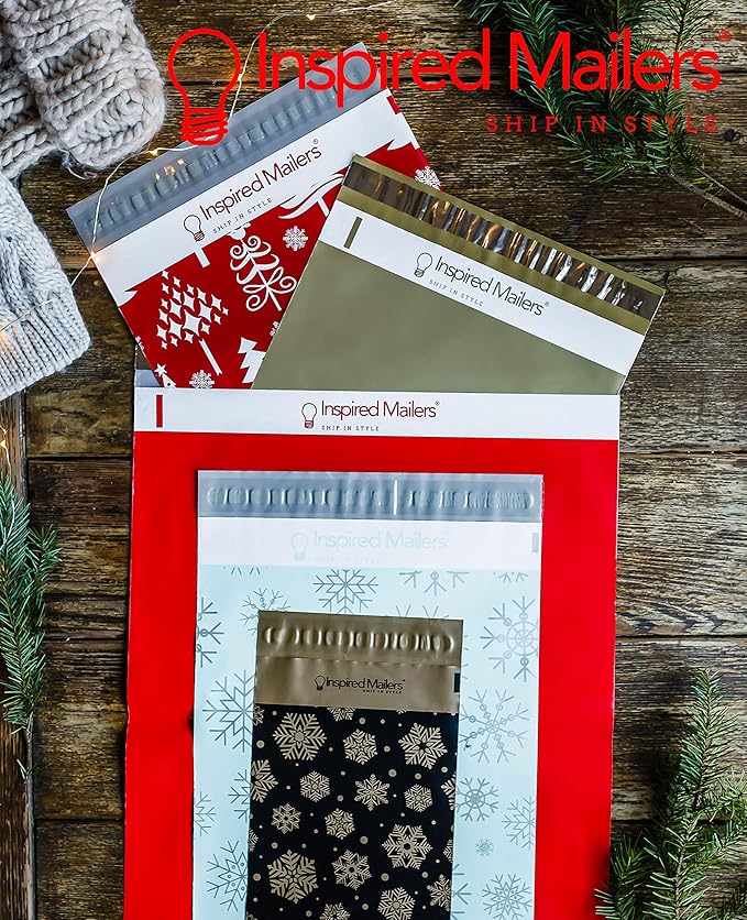 Inspired Mailers - Poly Mailers 14.5 x 19-50 Pack - Gold Snowflakes (Green) - Winter Shipping Envelopes - Large Mailing Bags - Packing Bags for Shipping