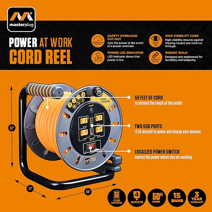 Masterplug 50ft Cord Reel, Retractable Extension Lead with Winding Handle, Safety Overload Circuit Breaker and Power Switch, 4x Grounded Outlets, 2x USB Ports, 15amps, 12AWG Cable