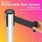 DuraSteel Crowd Control Barriers Line Dividers - Silver Stanchion Stainless Steel Posts with 6.5ft Black Retractable Belt Ropes - for Store Queues, Airport Lines, Event Entries - 2 Set/Pack
