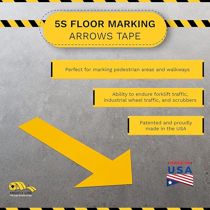 Mighty Line Solid Arrows Directional Sticker Sign Floor Marking Tape for Safety, Caution, Warning, Heavy-Duty, Peel and Stick, Adhesive, Industrial Quality, Yellow, 10" by 6", Pack of 50