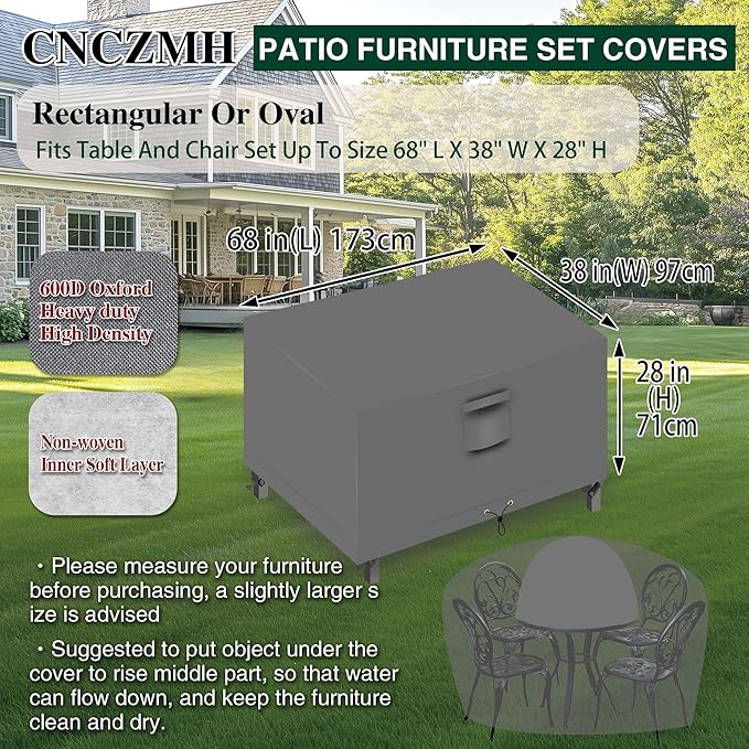 Heavy Duty Patio Furniture Covers Waterproof, 600D Outdoor Furniture Cover Waterproof for Sectional Sofa Couch, Outdoor Dining Table and Chair Set Covers 68''L x 38''W x 28''H, Grey